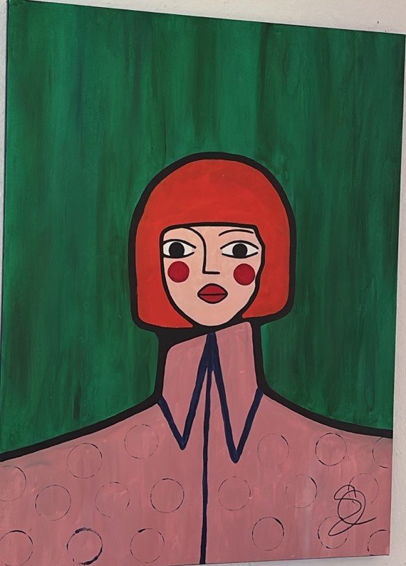 Portrait with red bob and pink polka collar, acrylic on canvas