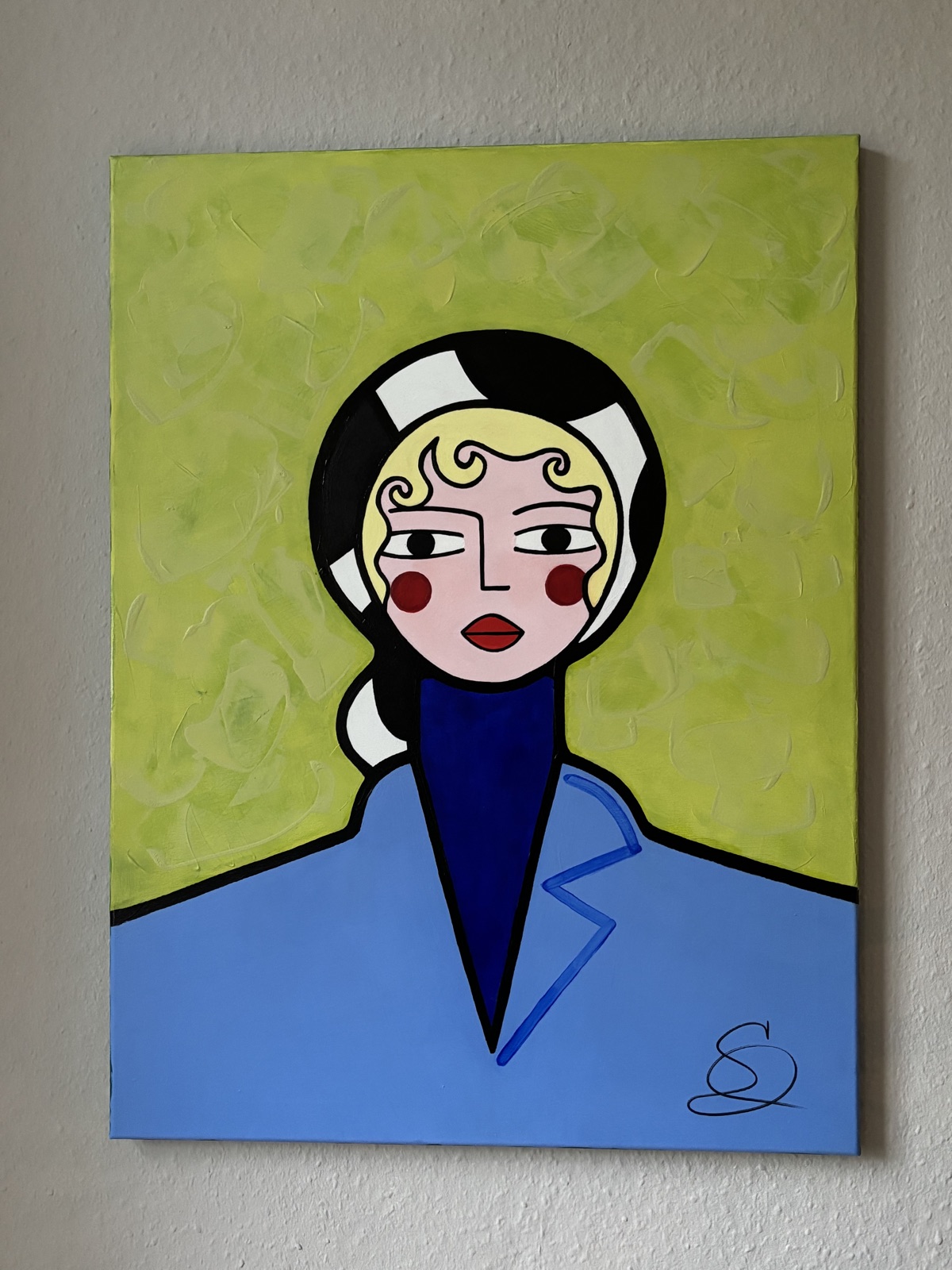 Portrait with blonde curls and blue cape, acrylic on canvas