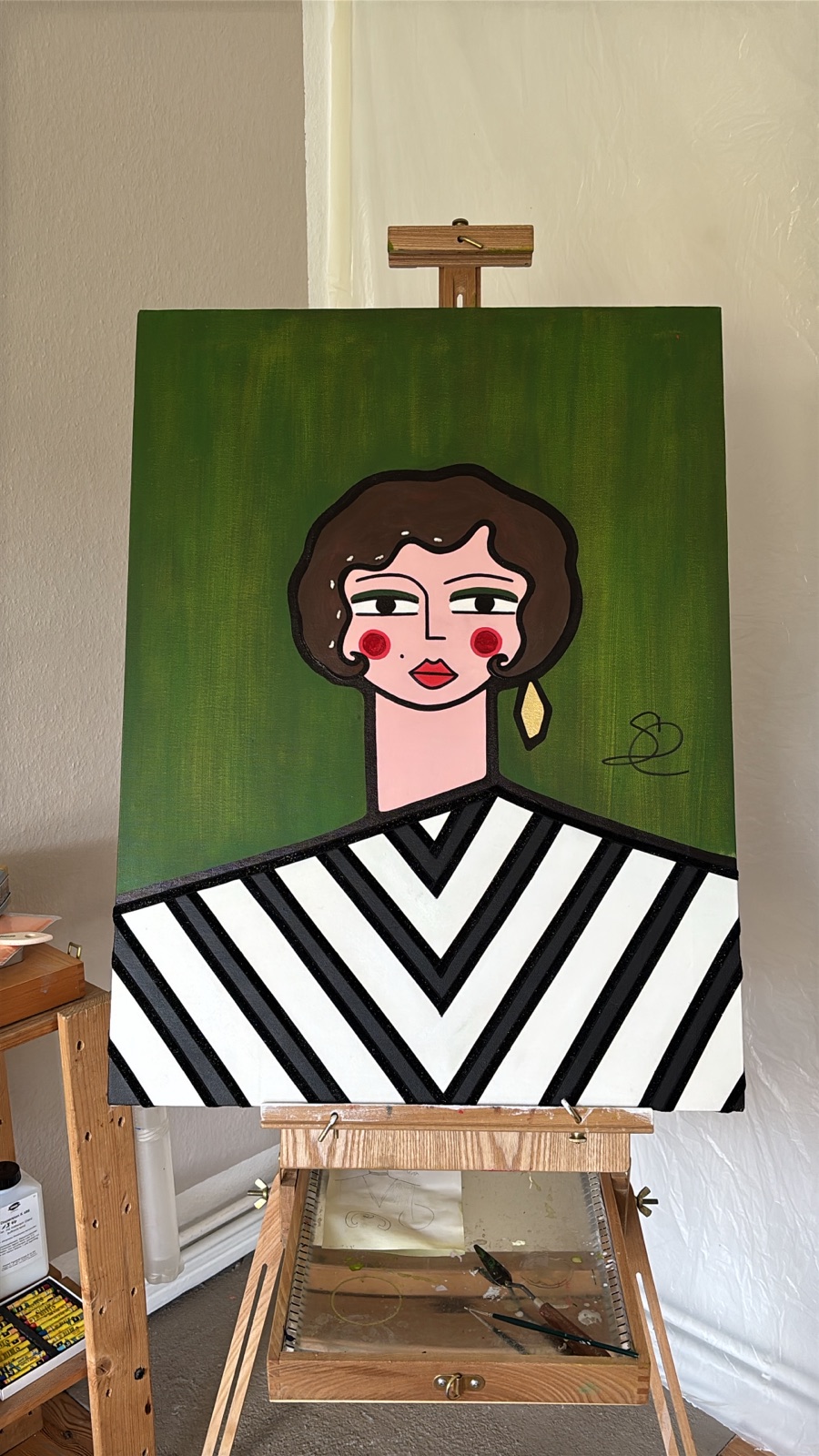 Portrait with brown bob and black-and-white chevron collar, acrylic on canvas