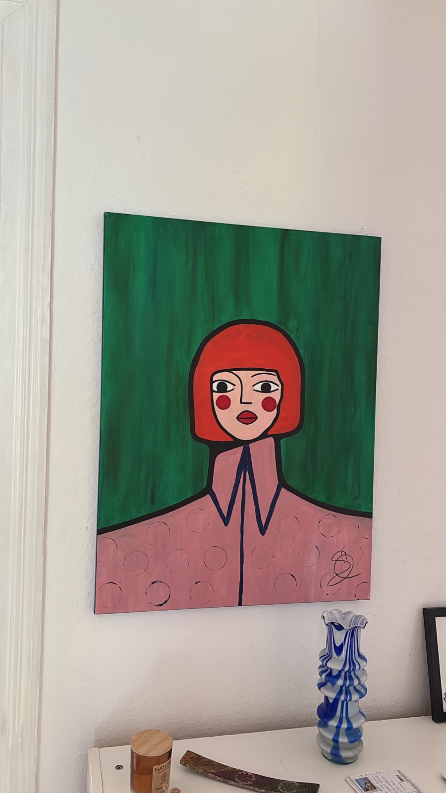 Portrait with red bob and pink polka collar, acrylic on canvas