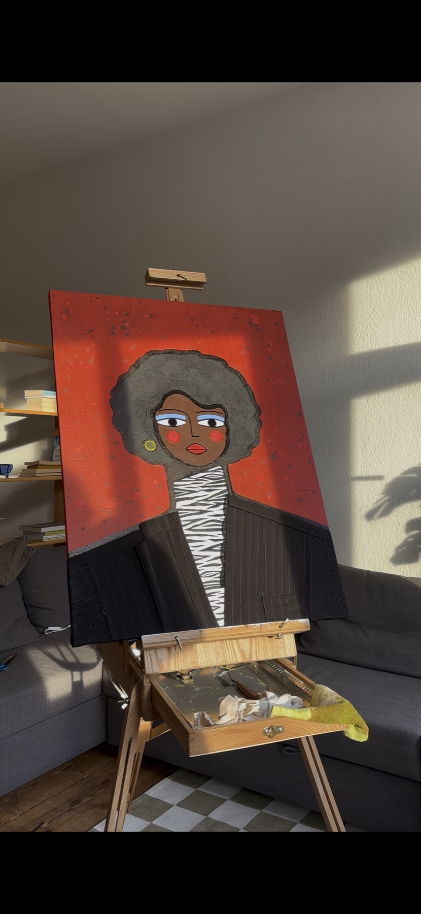 Mixed media portrait by Sofia Kala — woman with afro in tailored suit, acrylic on canvas